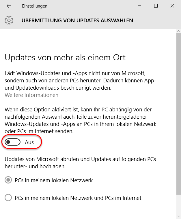 Einstellungen Übermittlung von Updates